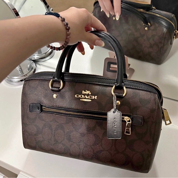 Coach Handbags - Coach Rowan Signature Canvas & Leather Satchel 2022 #F83607 Black, Brown & Gold
